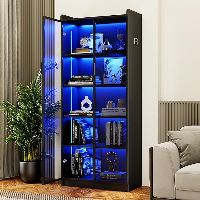 Dystler Display Cabinet with Doors and Adjustable Shelves, 5 Tier Display Case
