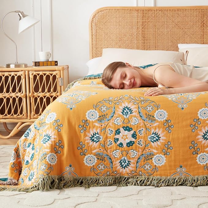 LUTBM Boho Throw Blanket for Bed 100% Cotton Soft Lightweight Quilt Reversible