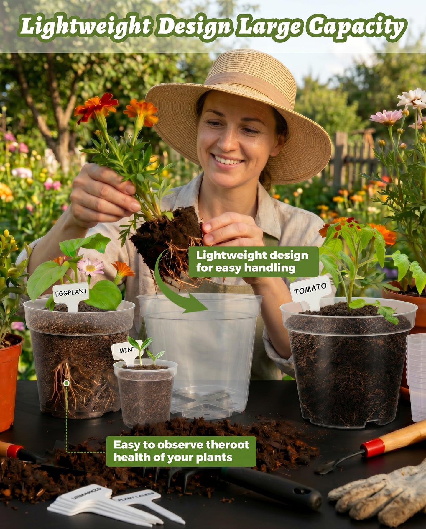 QTQIHANG 4/6/8/10 Inch Sizes Large Clear Nursery Pots with Drainage -16 Pack Plastic Plant Pots with Garden Tools & Labels, Seedling Pots for Transplanting Succulents Flowers Herb Vegetables