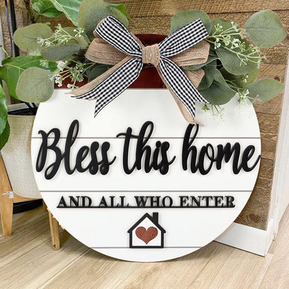 TOARTi 3D Bless This Home Wooden Door Sign Hanging, Welcome Porch Wall Sign with Bow-Knot Wreath, Bless This Home and Who Enter Sign Housewarming Gift for Kitchen/Entryway/Porch/Front Door