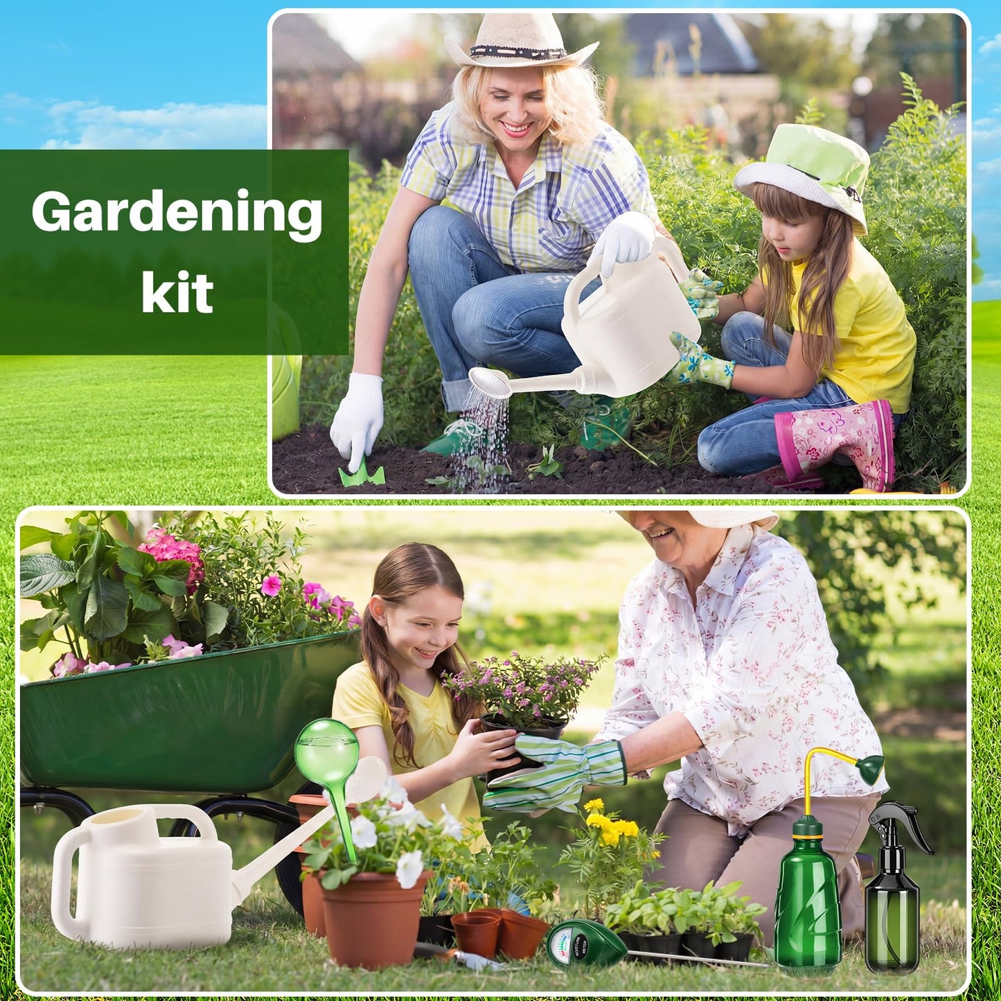 Reallnaive 6-piece Indoor Watering Can Set – 1 Gal Can, 6.8 oz Spray, 15 oz Squeeze, Plant Watering Globes & Soil Moisture Meter, Indoor & Outdoor Plant Care(White)