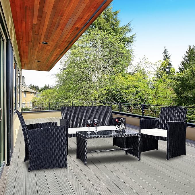 Goplus 4-Piece Rattan Patio Furniture Set, Outdoor Wicker Conversation Sofa