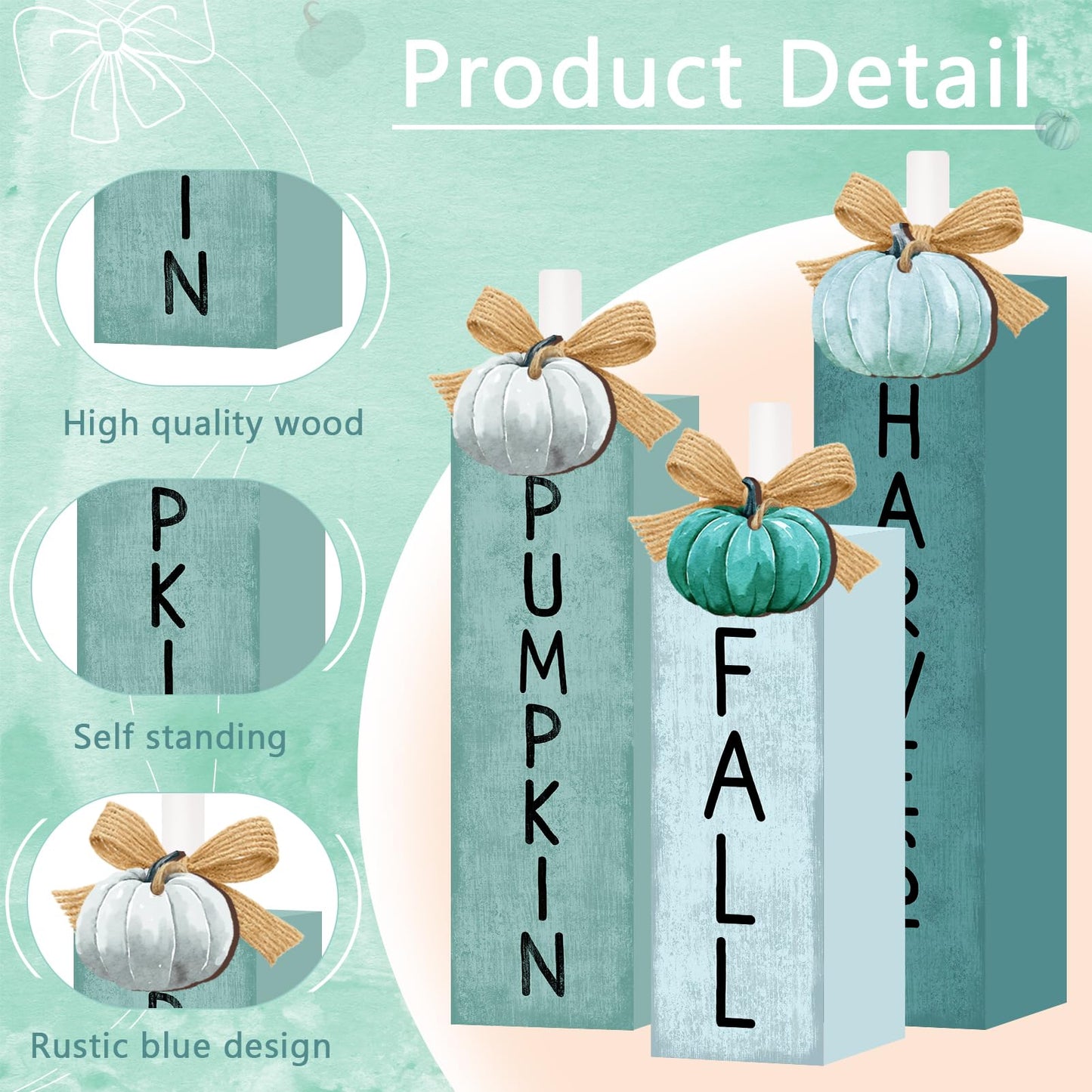 3 Pcs Blue Fall Decorations for Home, Blue Pumpkin Tiered Tray Decor Farmhouse Fall Thanksgiving Wooden Table Decor Autumn Harvest Tabletop Centerpieces for Home Kitchen Indoor Mantel