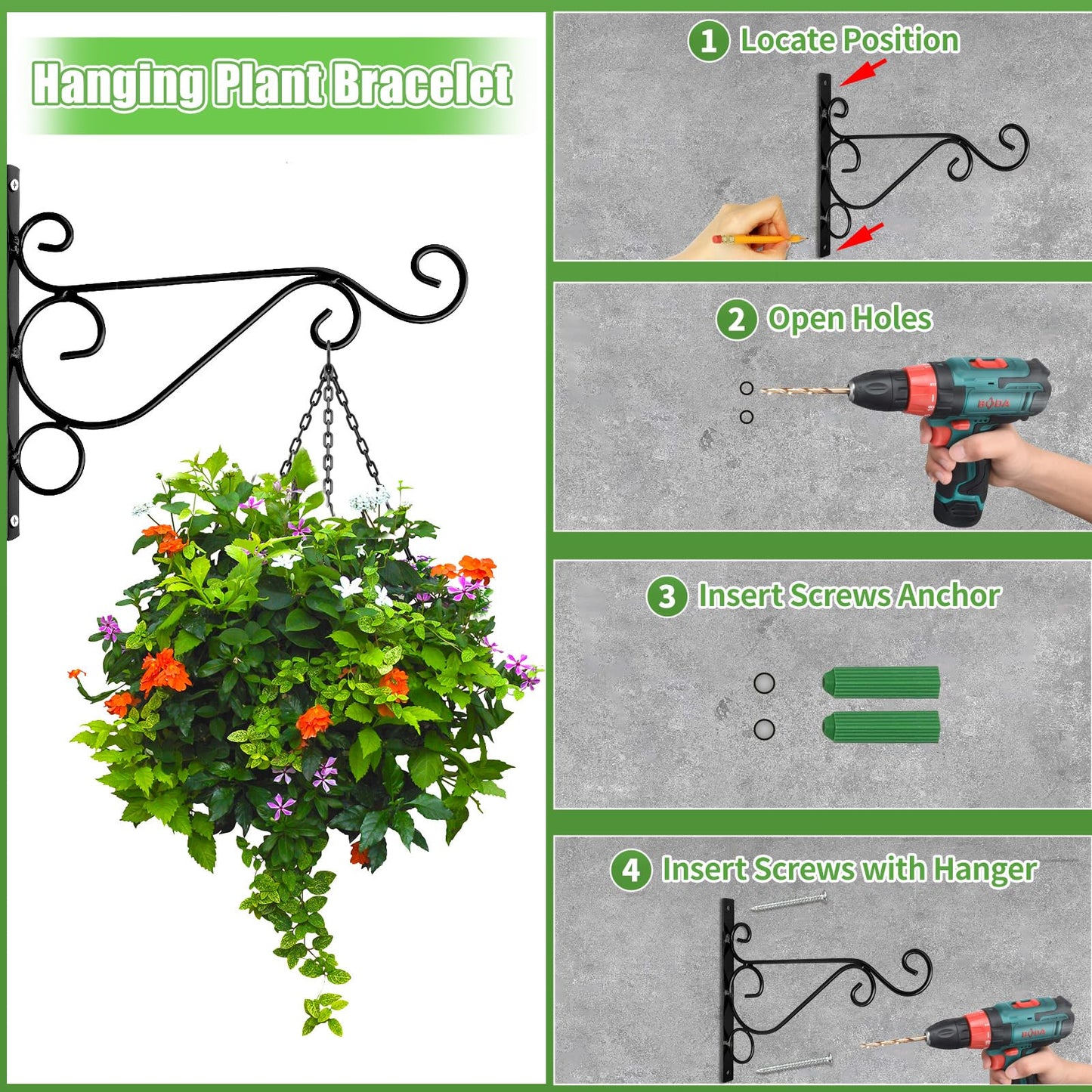 Preimum Black Plant Wall Mount Hanging Brackets Hooks Plant Basket Hanger Holder 10 Inches Indoor Outdoor Metal Brackets with Screws Garden Baskets Hanging Planters Lantern Wind Chimes(2PACK)