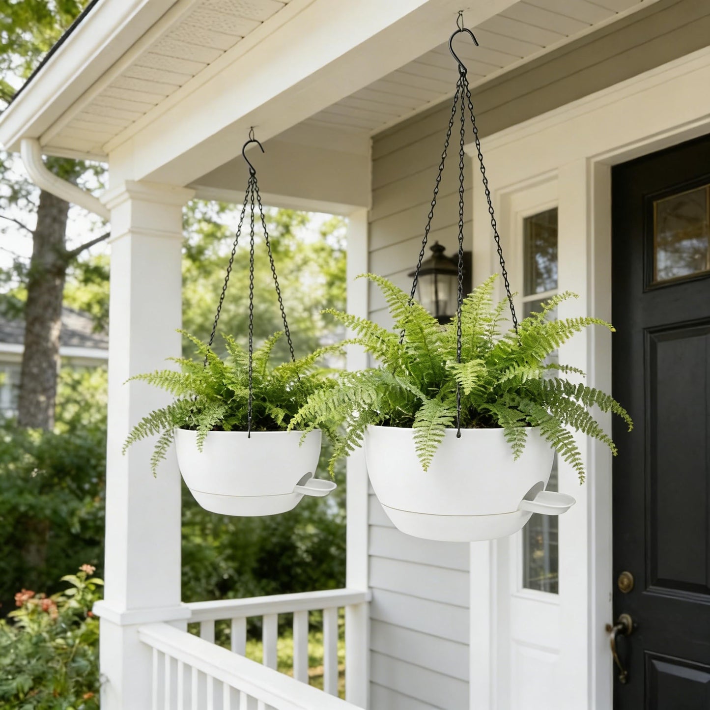 CNLBO 2 Pack Hanging Planters for Indoor Outdoor Plants, 12Inch Self Watering Hanging Pot with Drainage Holes and Saucer, Plastic Plant Pots, White Flower Pots for Kitchen, Balcony, Garden