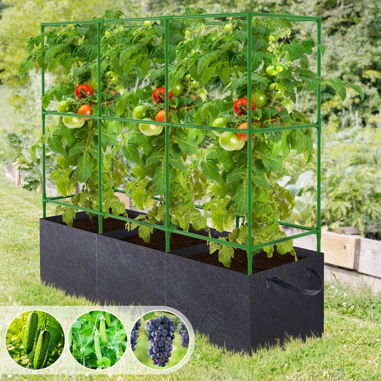 POILKMNI Tomato Cage 51×17×49 Inch with 46 Gallon Grow Bag, Heavy Duty Plastic Coated Steel Plant Support Trellis for Tomato Cucumber Climbing Plants Outdoor Indoor