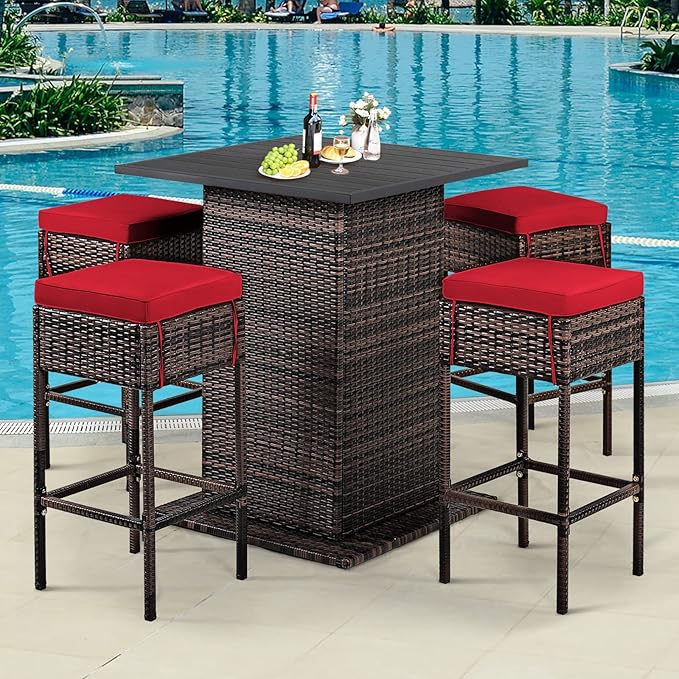 Tangkula 5 Piece Outdoor Rattan Bar Set, Patio Bar Furniture