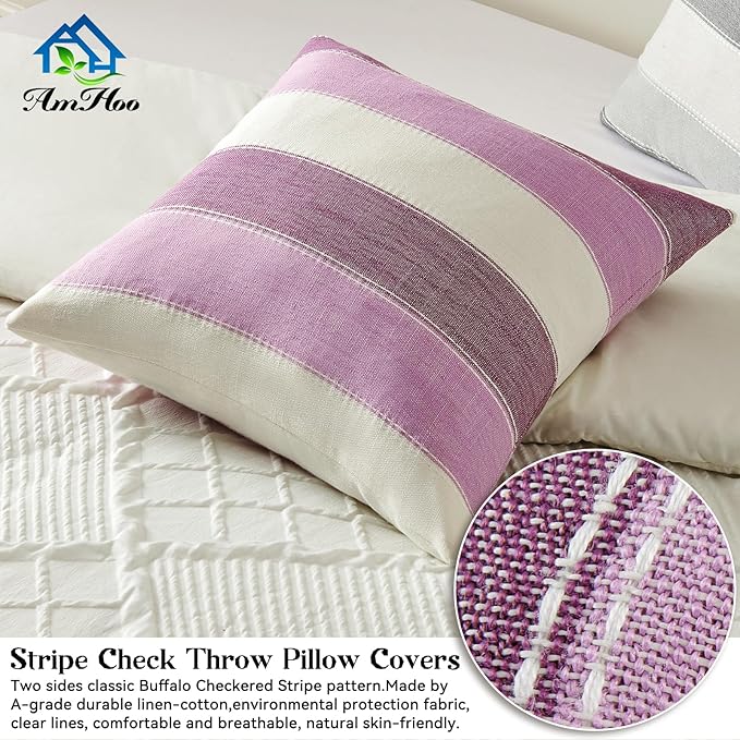 AmHoo Pack of 2 Farmhouse Stripe Check Throw Pillow Covers Set Case Cotton
