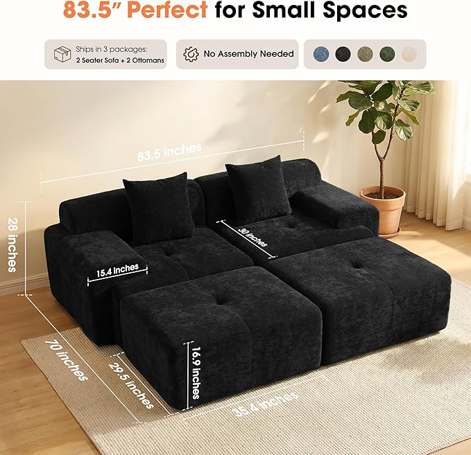 83.5" Boneless Loveseat with 2 Ottoman, Cloud Comfy Sofa Bed, Modular Sofa