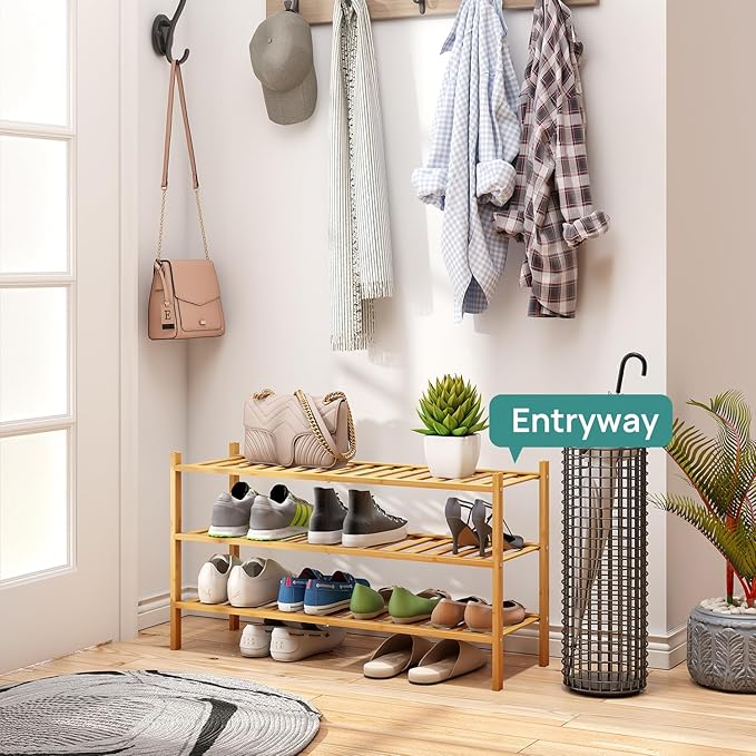 viewcare 3-Tier Long Shoe Rack, Bamboo Wood Shoe Rack