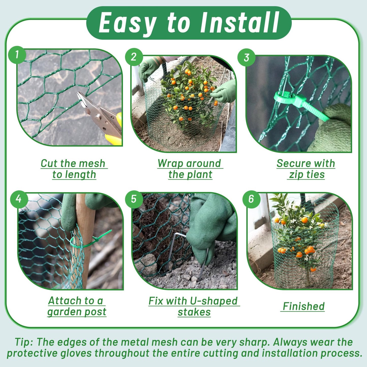 Convivium Plant Protectors from Animals, 0.8mm Free-Cut Green Chicken Wire Mesh, PVC Coated Tree Trunk Guard & Garden Fence for Outdoor Plants with Zip Ties, Stakes, Pliers, Gloves（16.7 Ft*24In）