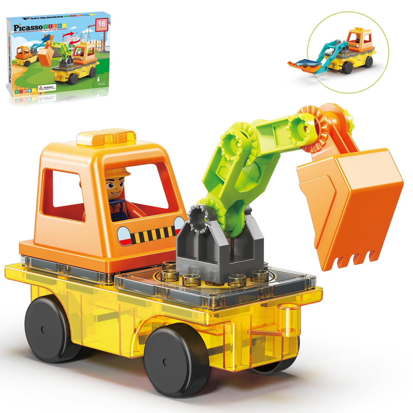 PicassoTiles Magnet Tiles Building Block 2-in-1 Excavator & Backhoe Brick Compatible Construction Playset with Car Base Magnetic Character Action Figure STEM Educational Learning Toy Kit Age 3+ PTU04