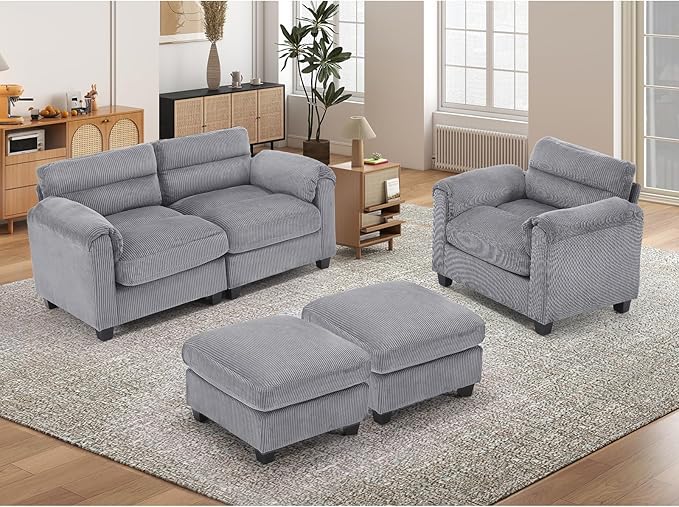 HAOMARKETS Corduroy 4-Piece Sofa Set, Upholstered Ottoman Set of 2, Accent