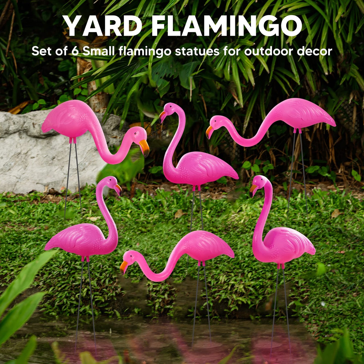 JOYIN Set of 6 Small Pink Flamingo Yard Ornament Stakes, 17" Plastic Flamingo Lawn Statues with Metal Legs for Sidewalks, Outdoor Garden Decor, Luau & Pool Party Decorations, 2 Styles