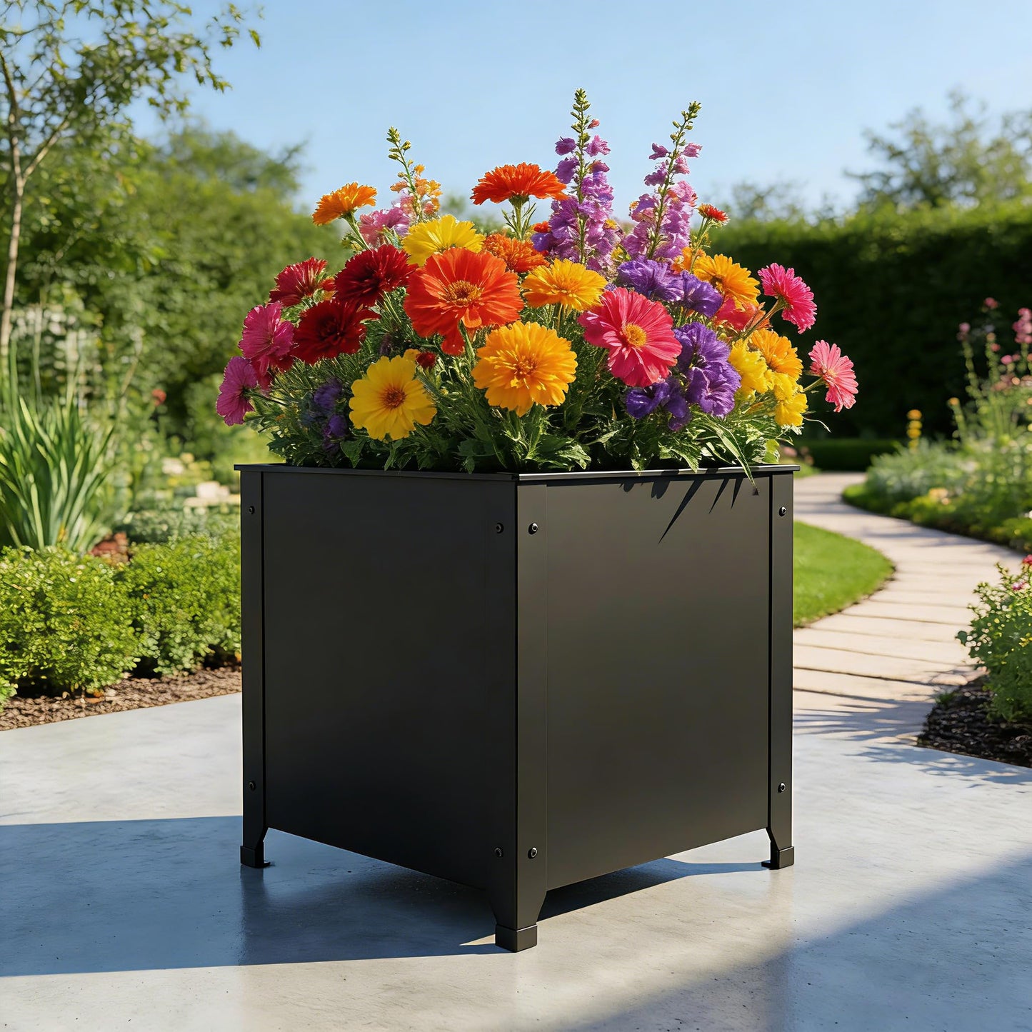 SCENDOR Black Metal Garden Planter Box – 16.5" x 16.5" x 17.9" Heavy Duty with Drainage Holes for Outside Indoor Patio Deck Decorative Raised Plant Container for Flowers, Vegetables, and Succulents