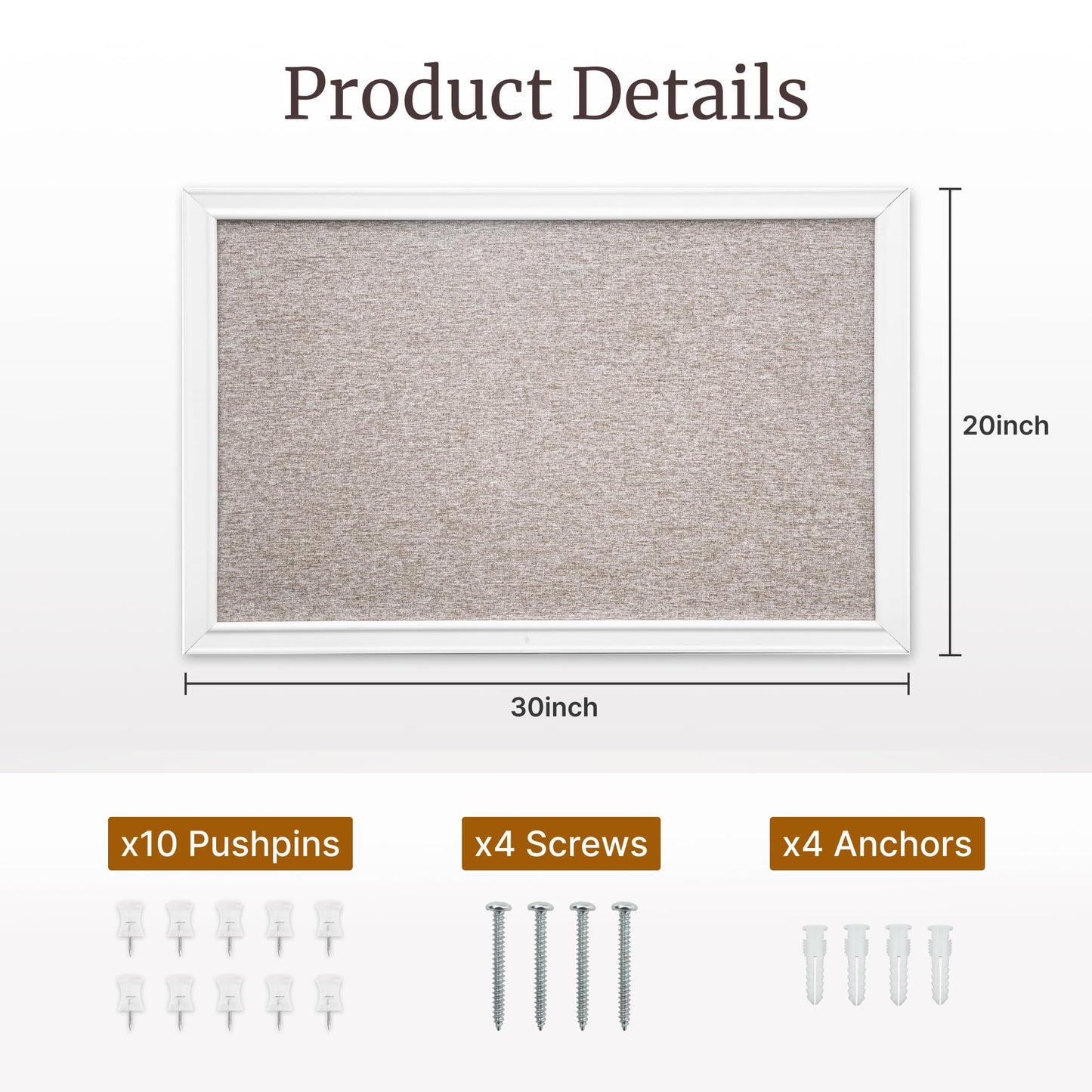 VUSIGN Linen Bulletin Board, 30'' x 20'' Large White Cork Board Decorations, Wall Mounted White Framed Cork Boards, Fabric Pin Boards for Walls with 10 Pushpins for Home, School, Office