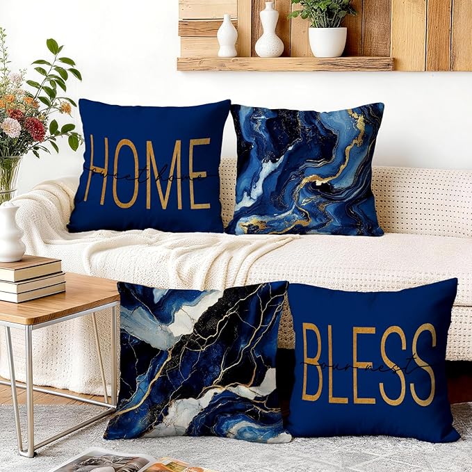 OBSEDE Blue Marble with Faith Quotes Decorative Throw Pillow Covers 18 × 18 in