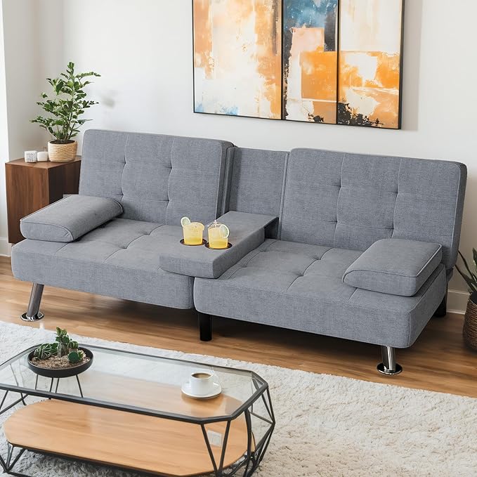Shahoo Modern Linen Upholstered Convertible Folding Futon Sofa Bed