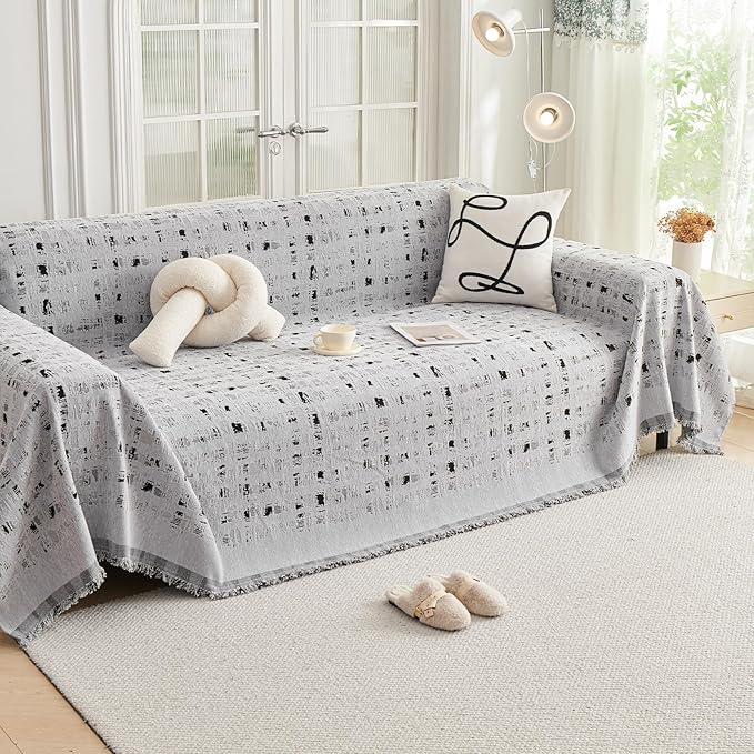DREAMINGO Abstract Chenille Couch Cover Blanket Grey Black Boho Sofa Cover