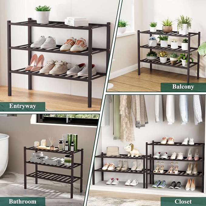 Smiry Small Bamboo Shoe Rack, 3 Tier Free Standing Wooden Shoe Organizer, Stackable Wood Shoe Storage Shelf for Closet, Entryway, 12 Vertical Slats, 2+1 Stack Standard Legs, 17.3"x11"x19.5", Brown