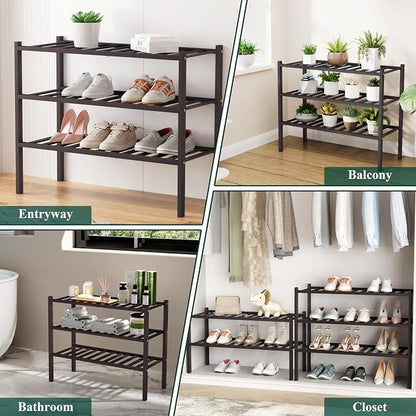 Smiry Small Bamboo Shoe Rack, 2 Tier Free Standing Wooden Shoe Organizer, Stackable Wood Shoe Storage Shelf for Closet, Entryway, 12 Vertical Slats, One-piece Standard Legs, 17.3"x11"x13", Brown