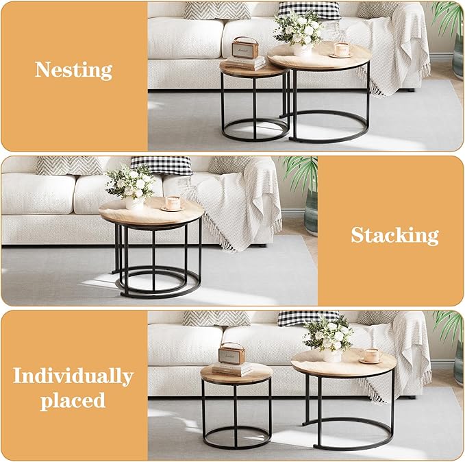 Garden 4 you Nesting Coffee Table, 23.6" Round Coffee Table Set of 2, Wooden