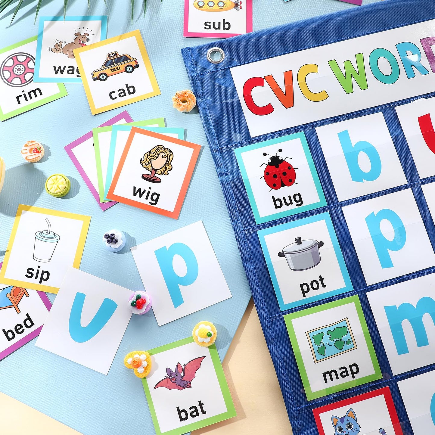 Pasimy CVC Word Pocket Chart with 65 Double-Sided Phonics Flash Cards Classroom CVC Word Literacy Games Preschool Kindergarten Classroom Must Haves for Learning Reading and Spelling(Blue)