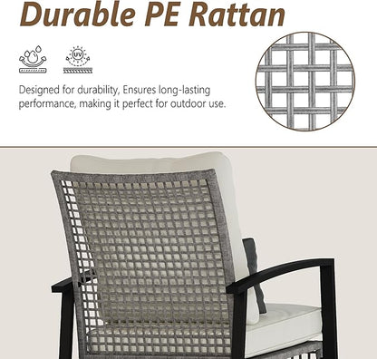 3 Piece Patio Rocking Chairs Set of 2, Outdoor Rocking Chair Bistro Set with Tempered Glass Coffee Table and Thick Lumbar Pillow Set, Front Porch Chairs for Garden, Backyard (Gray Rattan)