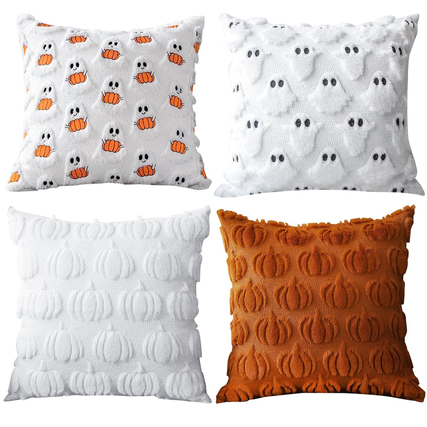 Huaerle Halloween Pillow Covers 18x18 Ghost Pumpkin Pattern Pillowcases Fall Throw Pillow Covers Set of 4 Double-Sided Halloween Pillow Covers Soft Plush Faux Wool Cushions for Home Patio Sofa Couch