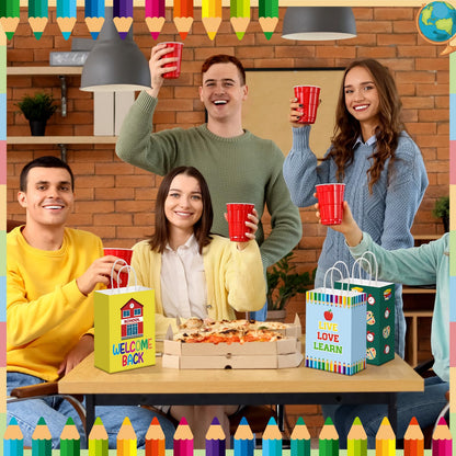 Kolldenn 24 Pcs Welcome Back to School Gift Goodie Bags with Handles First Day of School Party Favors Bags Paper Book Pencil Bus Gnome Candy Treat Pouch for Classroom Party Decorations Supplies