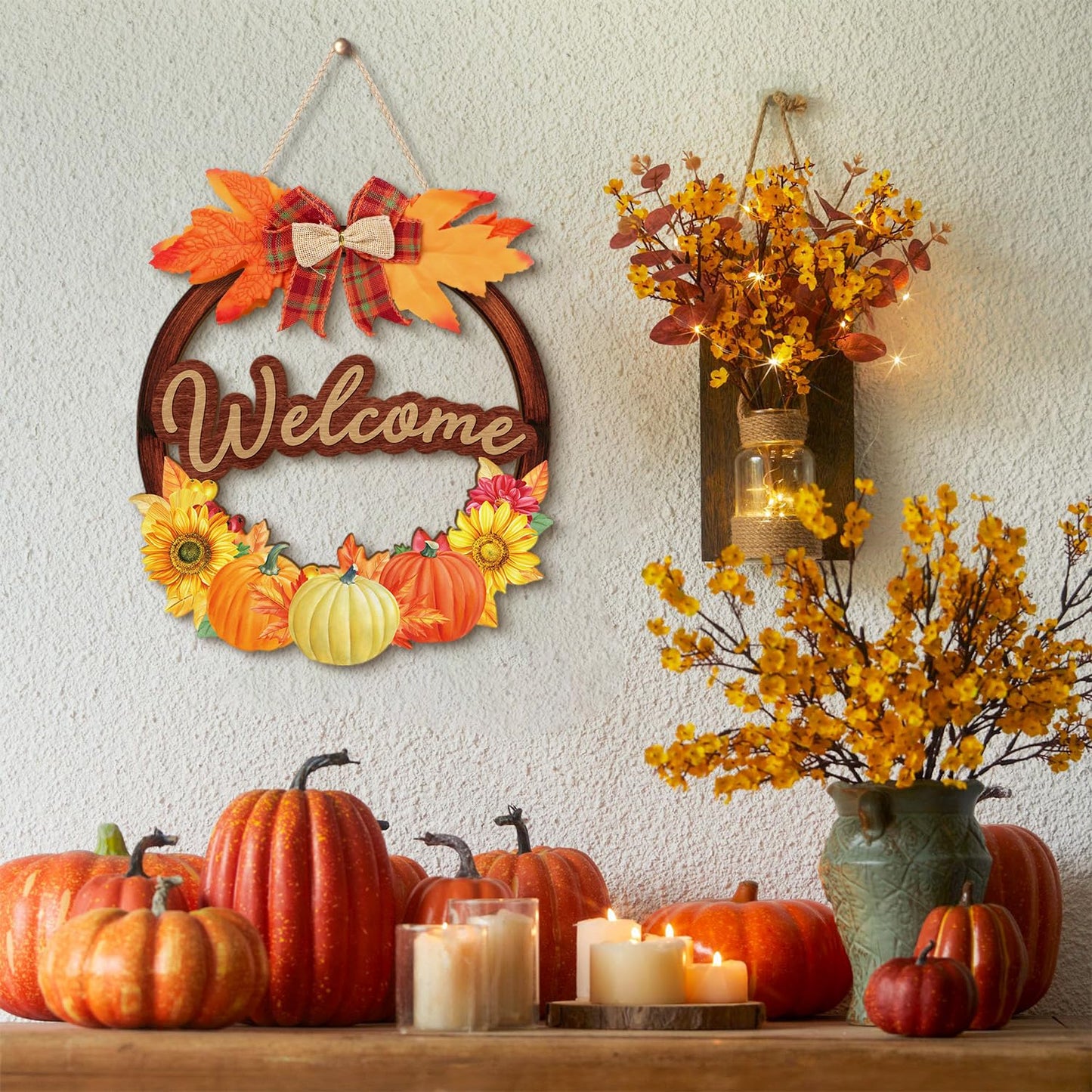 IARTTOP Fall Welcome Front Door Sign(29x28cm) Thanksgiving Pumpkin Wall Hanging Maple Leaves Door Hanger Autumn Harvest Wall Hanging Sign Fall Wreaths for Porch Farmhouse Garden Decoration