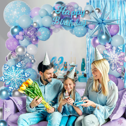212pcs Frozen Balloon Arch Garland Kit, Blue Purple White Balloons with Fringe Curtain Snowflake Balloons Birthday Banner for Winter Wonderland 3th 4th Frozen Birthday Party Decorations