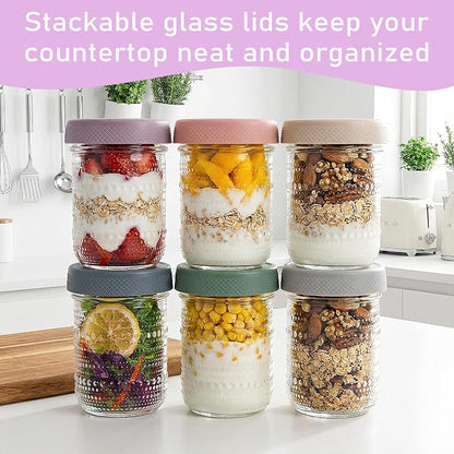 WACOI Overnight Oats Containers 16oz with Lids, 6 Pack Wide Mouth Mason Jars with Airtight Lids, Glass Food Storage Containers for Pickling, Fermenting, Snacks, Salad, Yogurt, Spice