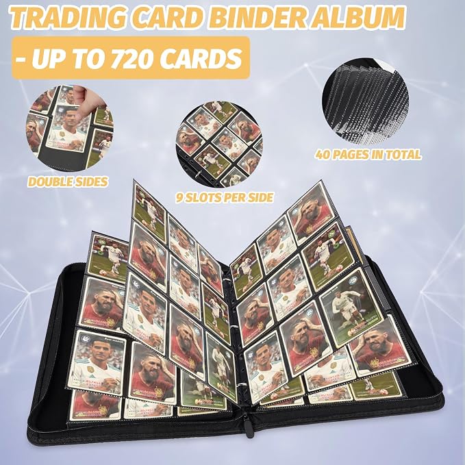GERMUN 3 Ring 9 Pocket Zipper Card Binder, 720 Double Sided Standard PU Trading Card Album Folder for TCG & Sports Cards, Not Fit Top Loaders (White)