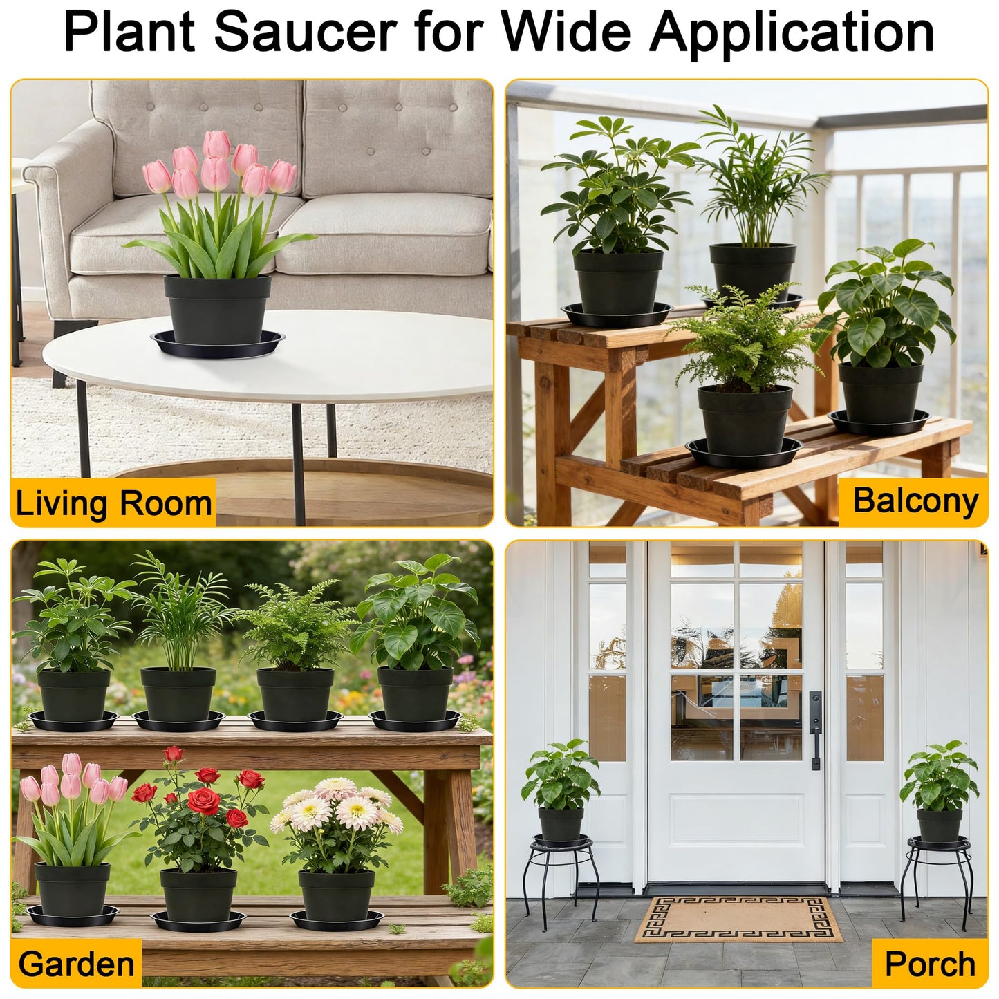 WYIPOLZI 6 Pack 8 Inch Plant Saucers Tray,Heavy Duty Plastic Plant Trays Drip Plates for Home & Garden Potted Plants, Water Trays Saucers for Pots Planter, Indoor&Outdoor Use,Black