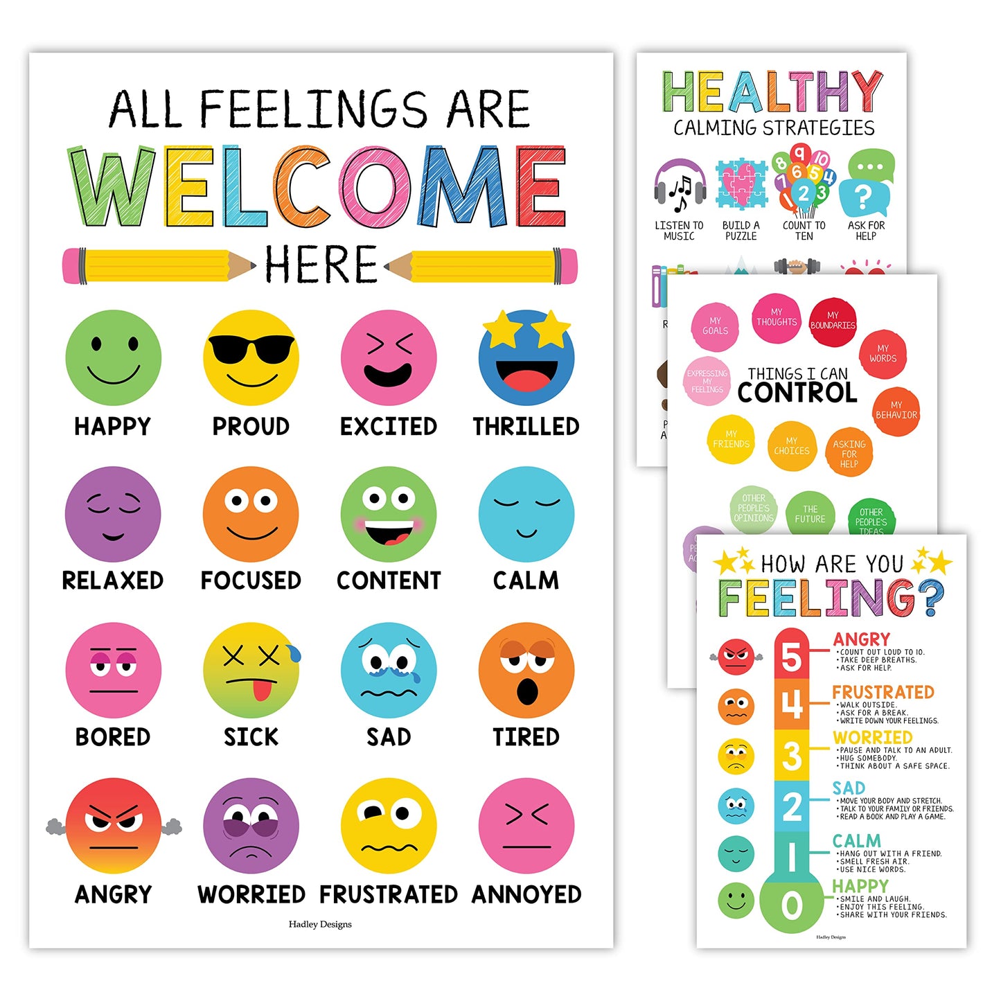 Hadley Designs Feelings Chart for Classroom Must Haves -Emotions Chart for Toddler Calm Down Corner Supplies, Feelings Wheel, Mental Health & Social Emotional Learning Posters, Rainbow Classroom Decor