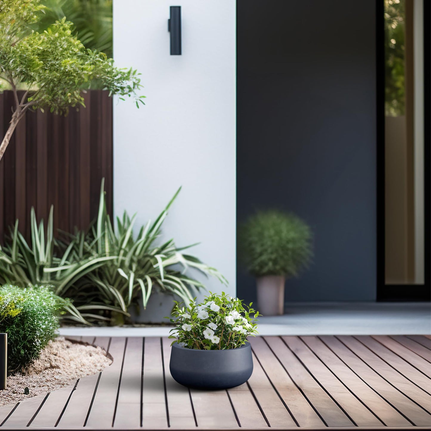 Kante 11.8" Dia Round Concrete Planter, Cement Plant Pots with Drainage Hole and Rubber Plug for Outdoor Indoor Garden Home, Modern Curvaceous Design, Dark Gray