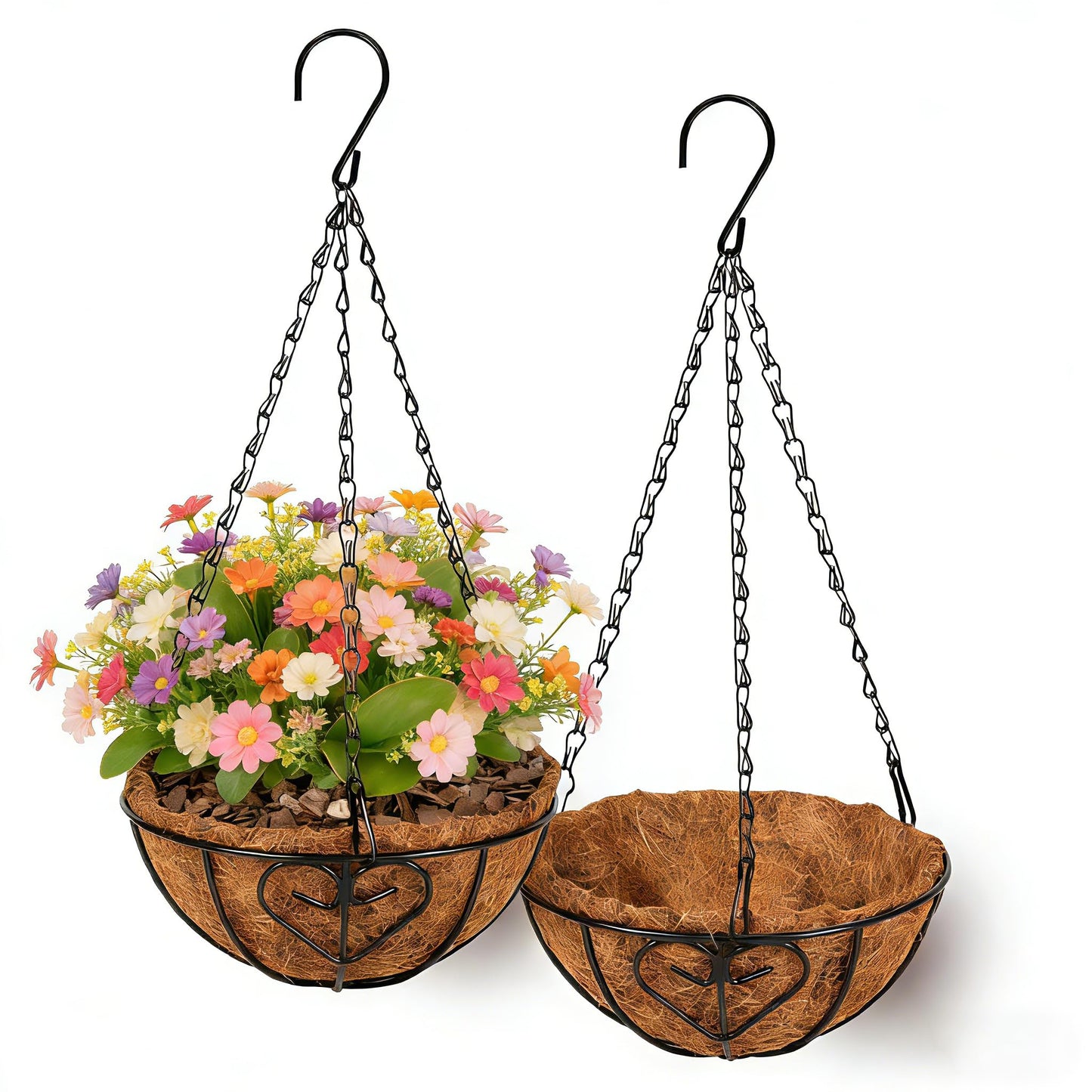 QCQHDU 2 Pack 10 inch Metal Hanging Orchid Baskets for Plants Outdoor, Hanging Orchid Planter Basket with Coco Liners, Orchid Pots with Holes for Garden, Patio, Deck, Porch Plants(Love)