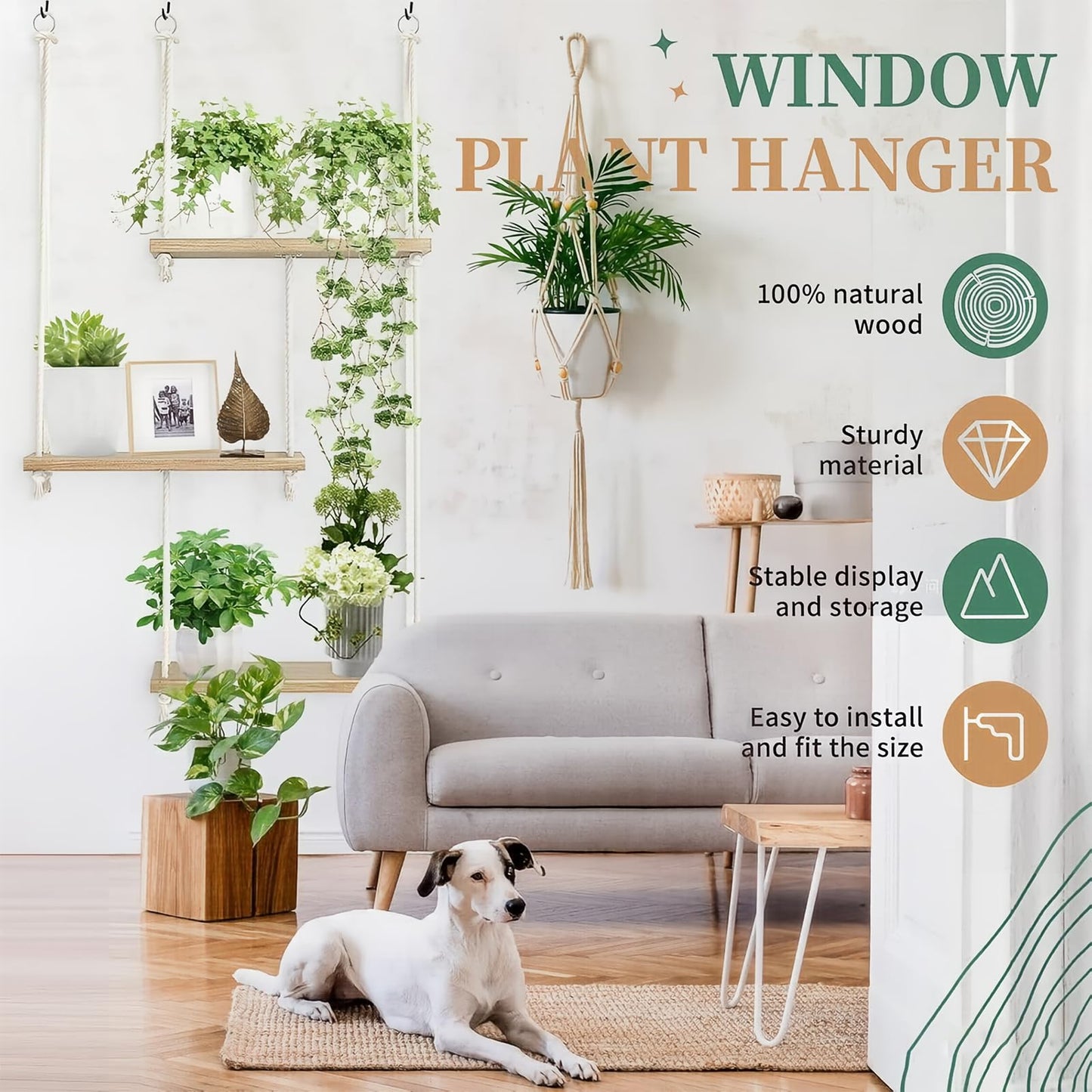 Window Plant Shelves, 3-Tier Boho Window Sill Plant Shelf with 35 Inch Macrame Plant Hanger, Indoor Hanging Wood Window Plant Hanger for Herb Garden, Flower, Micro Greens, Seedling Pots Display Stand