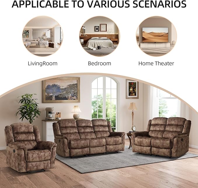 EBELLO 3 Pieces Reclining Living Room Set, Overstuffed Soft Fabric Manual