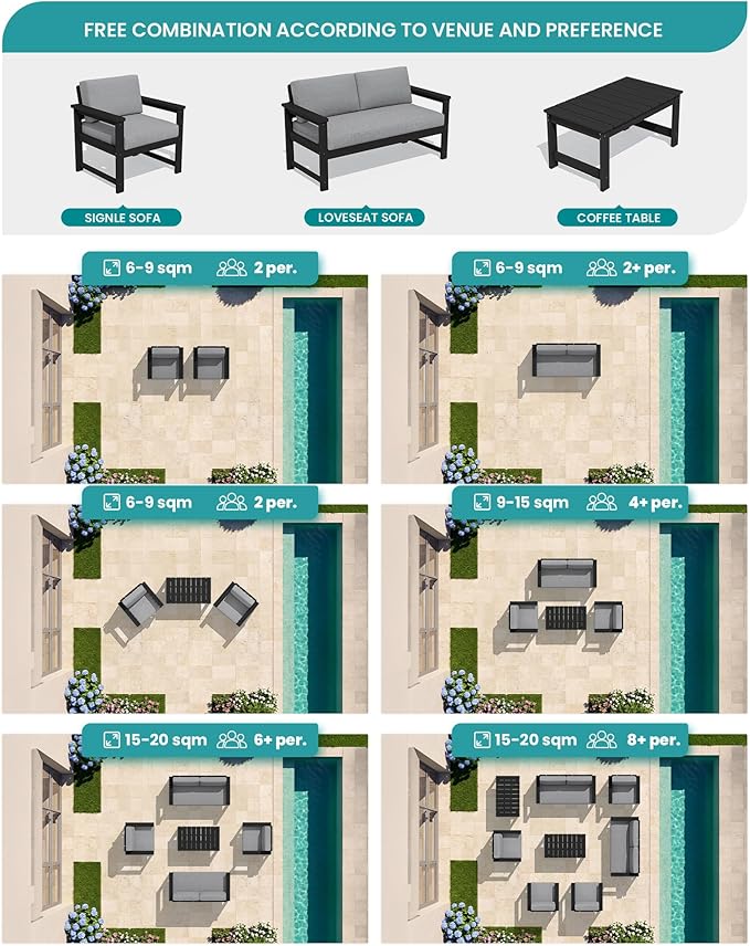 SERWALL 3 Pieces HDPE Outdoor Sofa Bistro Set