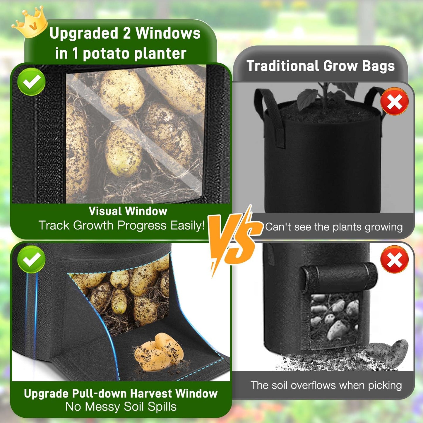 4 Pack Potato Grow Bags 10 Gallon with Harvest & Visible Window Thickened Garden Bags to Grow Vegetables with Handles & Metal Grommets for LST, Fabric Pots for Growing Carrots, Tomatoes, Onions