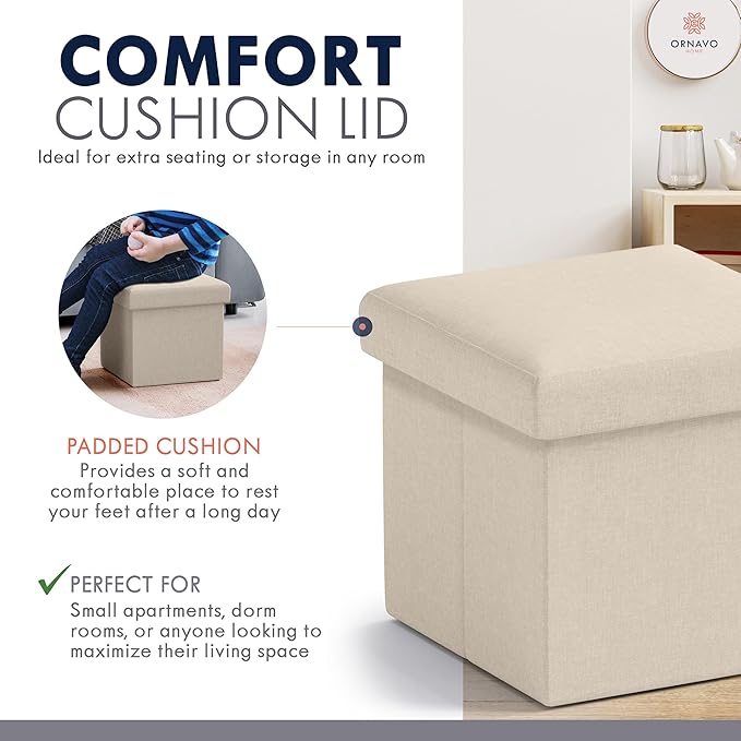 Ornavo Home Small Storage Ottoman Foldable Collapsible Cube Square Linen