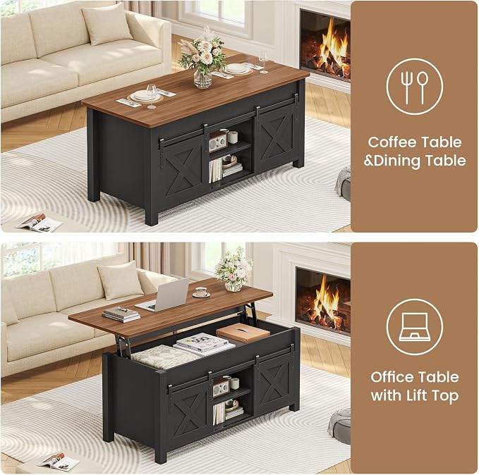 SEDETA Lift Top Coffee Table, Farmhouse Lift Tabletop Dining Table, Gas Spring, Hidden Compartment, Open Storage Shelf, for Living Room, Black Brown