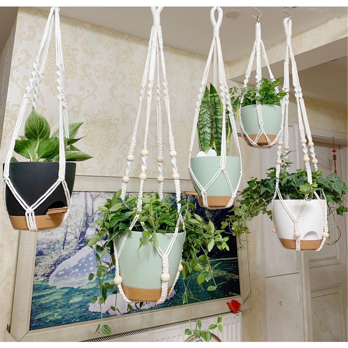 BLEAFLUV Hanging Planters with Macrame Plant Hangers for Indoor Outdoor Plants, 3 Set Hanging Baskets Flower Pots Holders 35''/27''/21'', Self-Watering Pots 7''/6''/5.5'', Boho Home Decor, Black