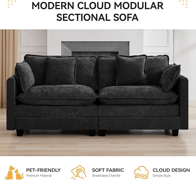 76'' Cloud Deep Seat Loveseat, Upholstered Chenille Modular 2-Seats Sectional