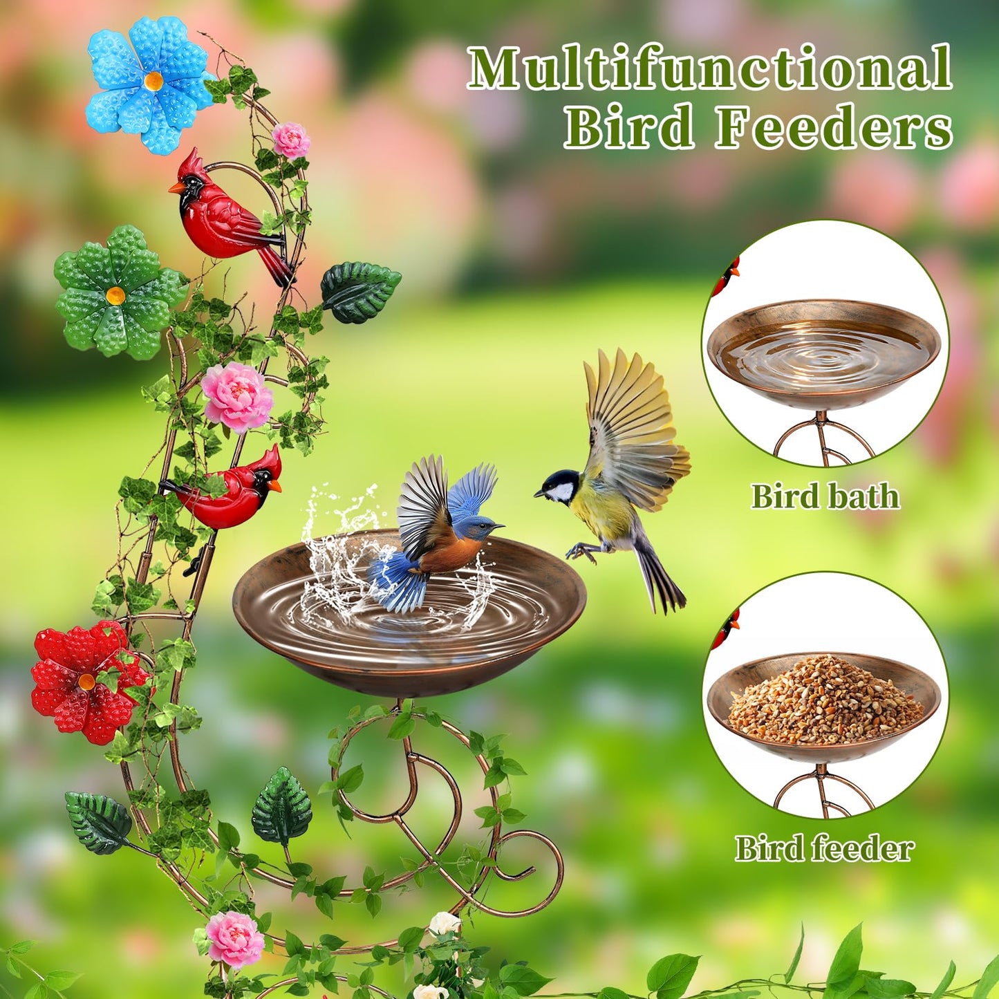 YADOOLIFE 57” Bird Bath with Garden Trellis for Climbing Plants Outdoor, Small Decorative Trellises Metal Birdbath Bird Baths, 1 Piece (Redbird)