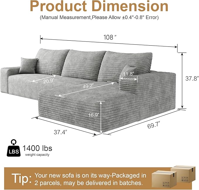 108" Sectional Couches for Living Room Cloud Couch Sofa