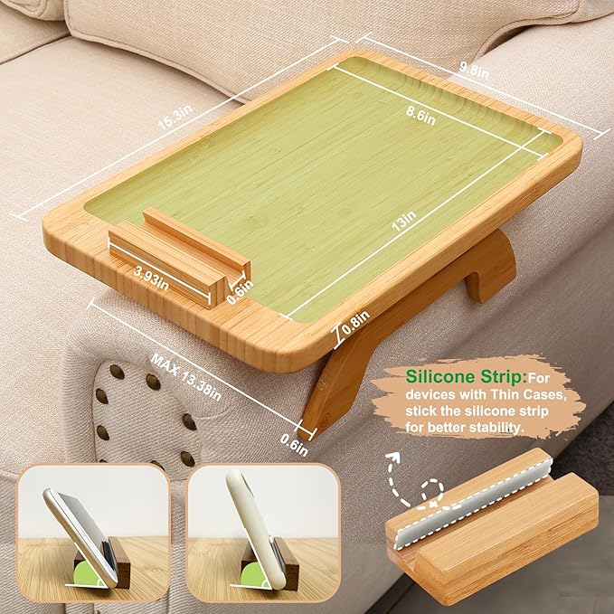 SINWANT Couch Arm Tray, Bamboo Sofa Clip on Side Table, Foldable Couch Armrest
