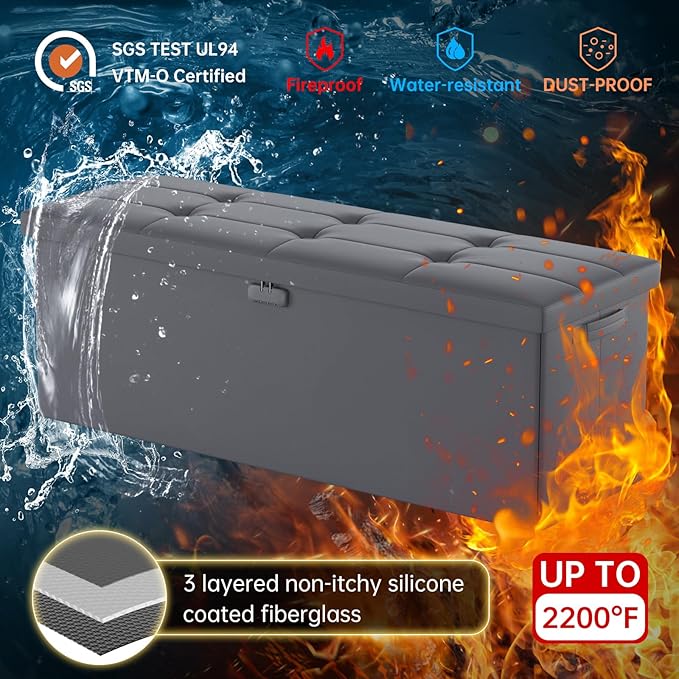 DocSafe Storage Ottoman Bench, Fireproof＆Waterproof Folding Bench